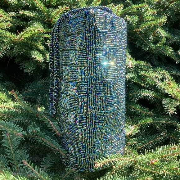 Vintage Spectacular Green/Blue Beaded Design Top Carry Handbag
